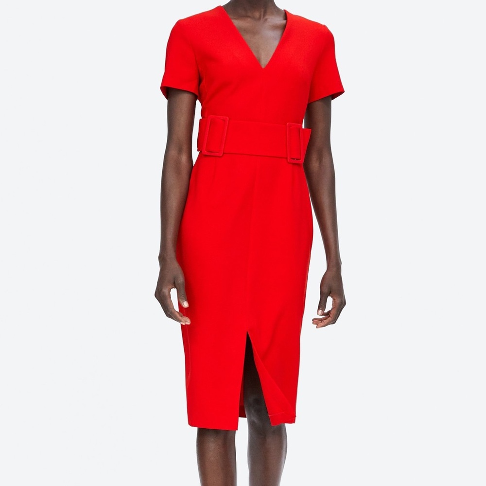 Zara Belted Midi Dress Red